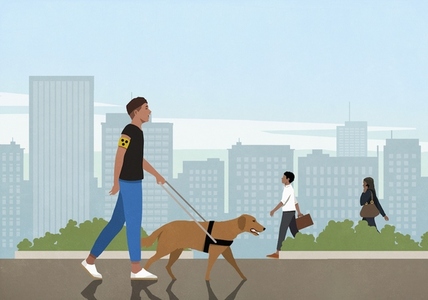 Blind man walking with seeing eye dog in sunny city