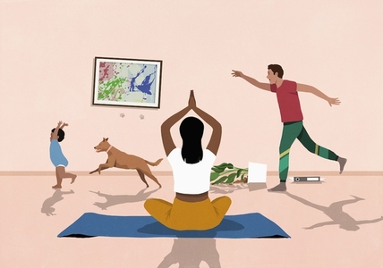 Woman meditating on yoga mat in living room while husband chases baby and dog