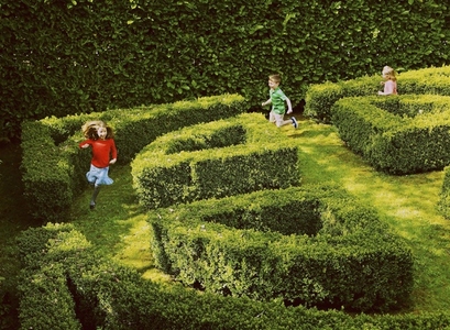 Children Running in Garden Maze