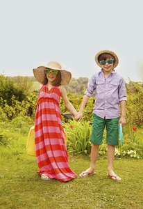 Boy and Girl Wearing Straw Hat and Sunglasses Smiling