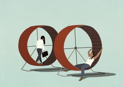 Exhausted businesswoman on hamster wheel next to carefree woman on hamster wheel