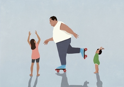 Kids cheering for overweight father roller skating