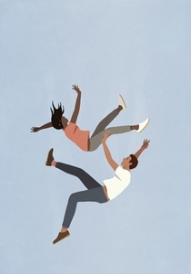 Couple falling midair against blue sky