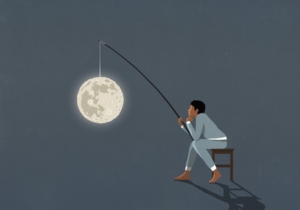 Man in pajamas with full moon on fishing rod at night