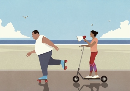 Wife with megaphone on scooter motivating overweight husband roller skating on beach boardwalk