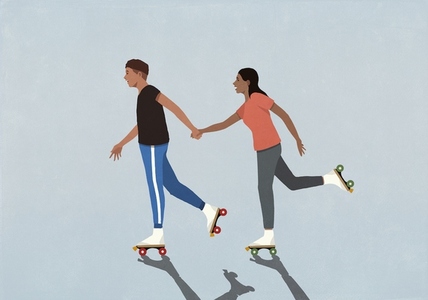 Couple holding hands and roller skating on blue background
