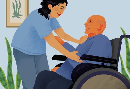 Happy friendly home nurse helping senior man in wheelchair