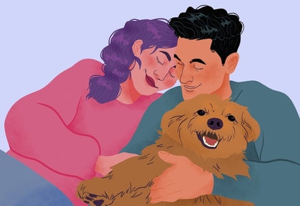 Serene affectionate couple cuddling with dog