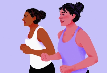 Smiling women friends exercising jogging on purple background