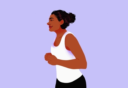 Smiling woman exercising jogging on purple background