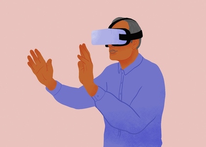 Man with arms outstretched using VR headset on pink background