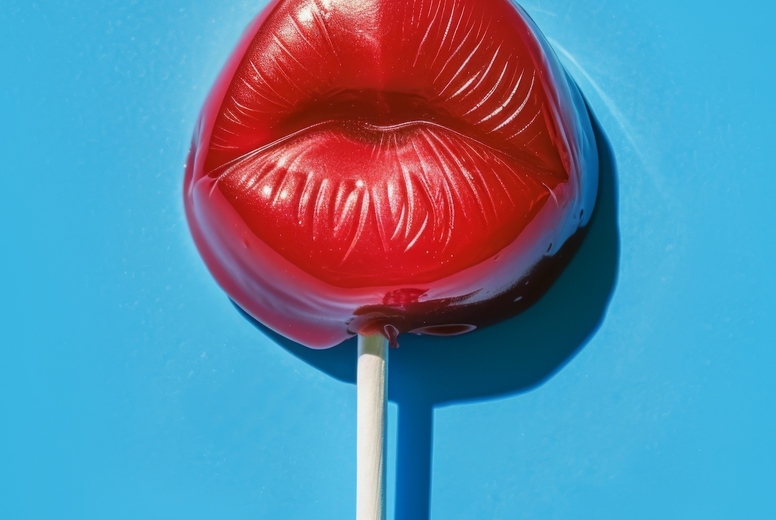 Lollipop in the shape of red lips on a blue background.