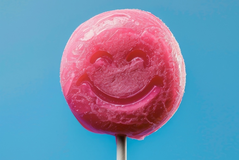 Lollipop in the shape of an smile emoji on a blue background.