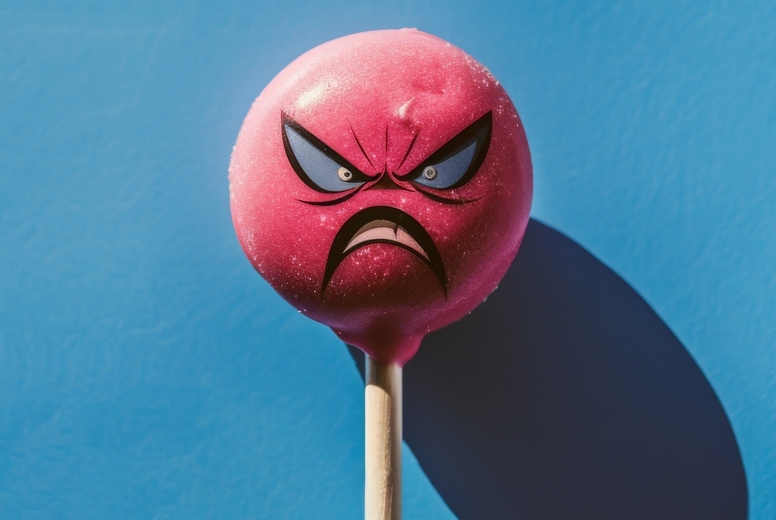 Lollipop in the shape of an angry emoji on a blue background.
