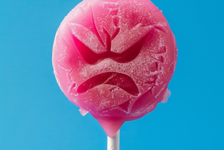 Lollipop in the shape of an angry emoji on a blue background.