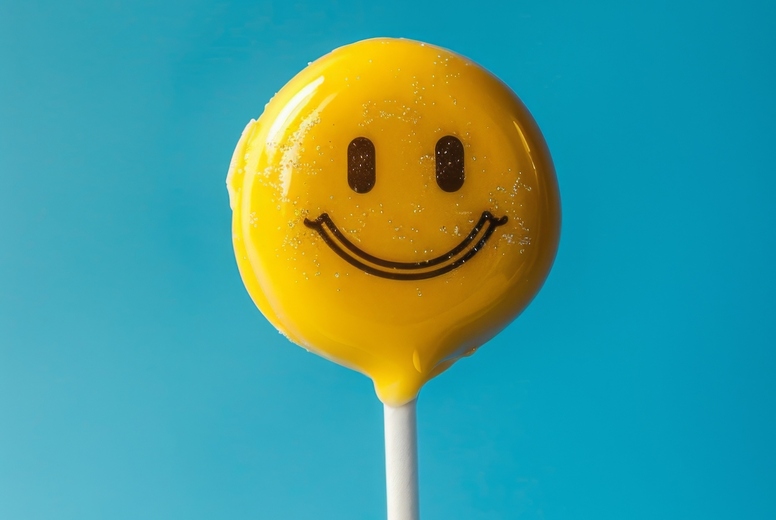 Lollipop in the shape of an smile emoji on a blue background.