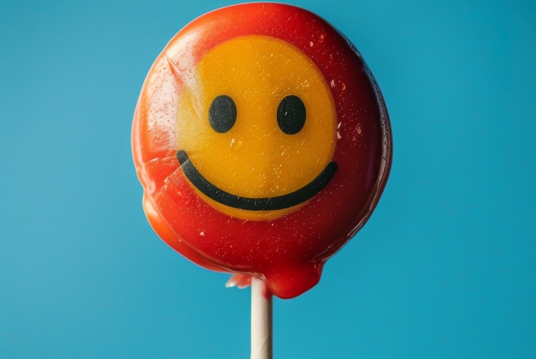 Lollipop in the shape of an smile emoji on a blue background.
