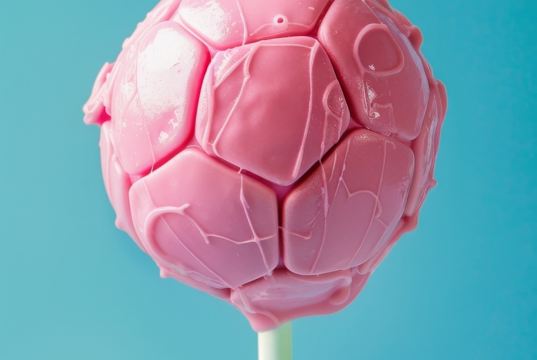 Lollipop in the shape of football ball on a blue background.
