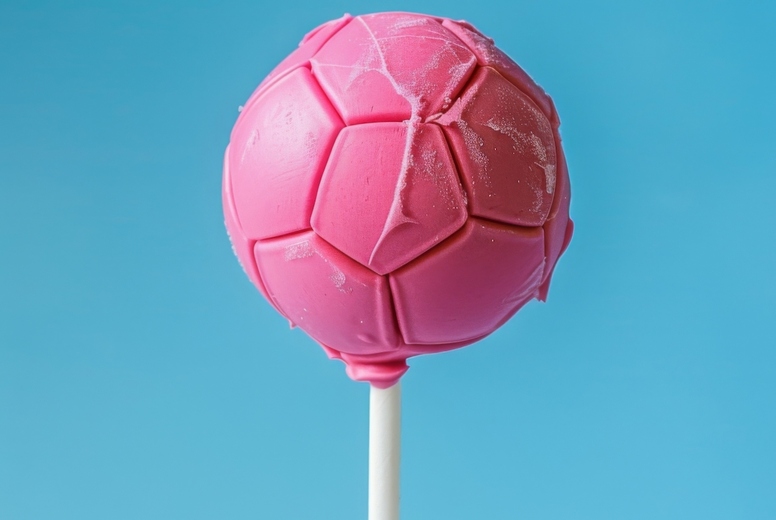 Lollipop in the shape of football ball on a blue background.