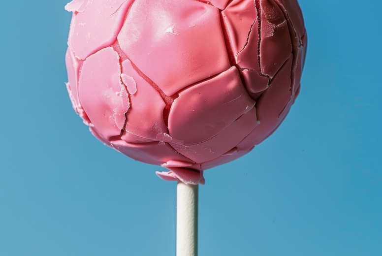 Lollipop in the shape of football ball on a blue background.