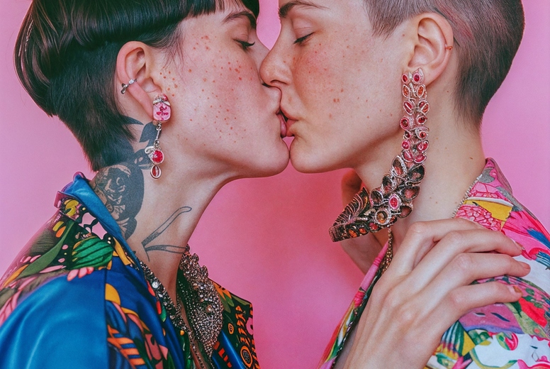 Two young women kiss