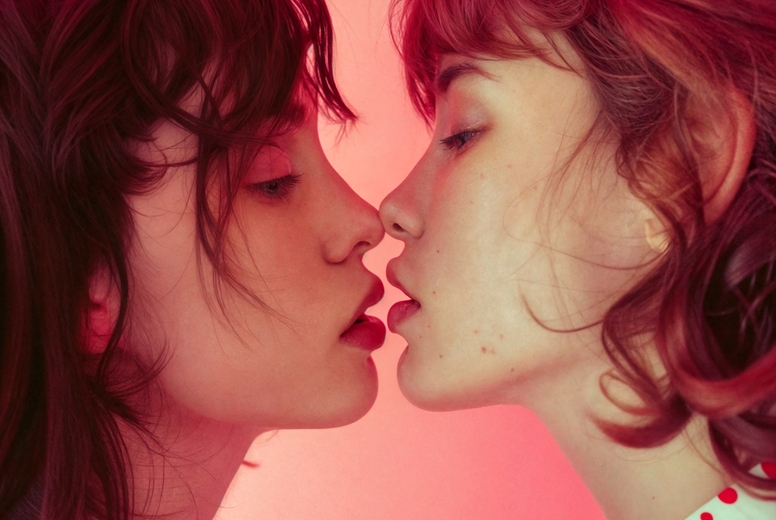 Two young women kiss
