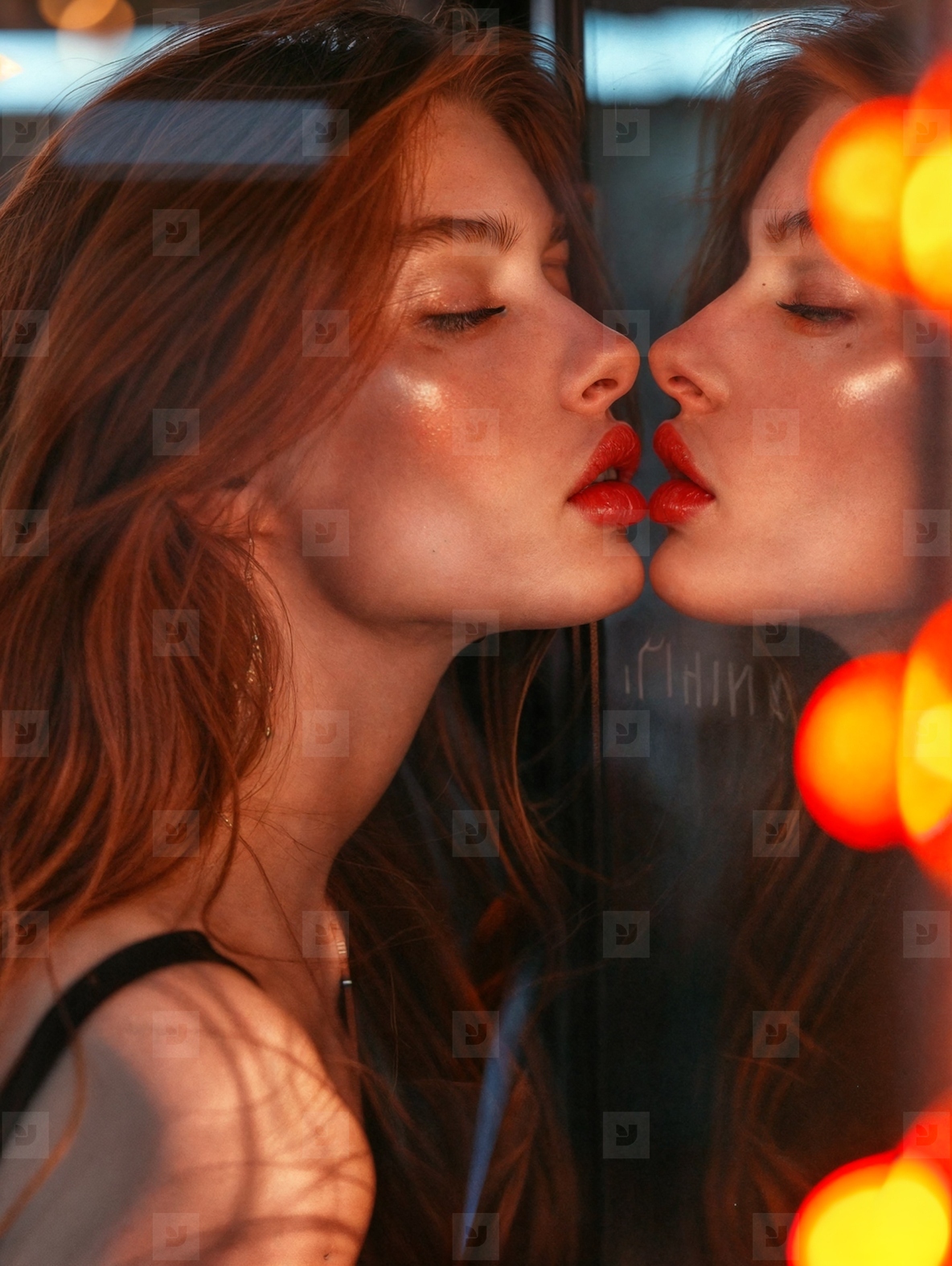 A young woman kisses her own reflection in the mirror
