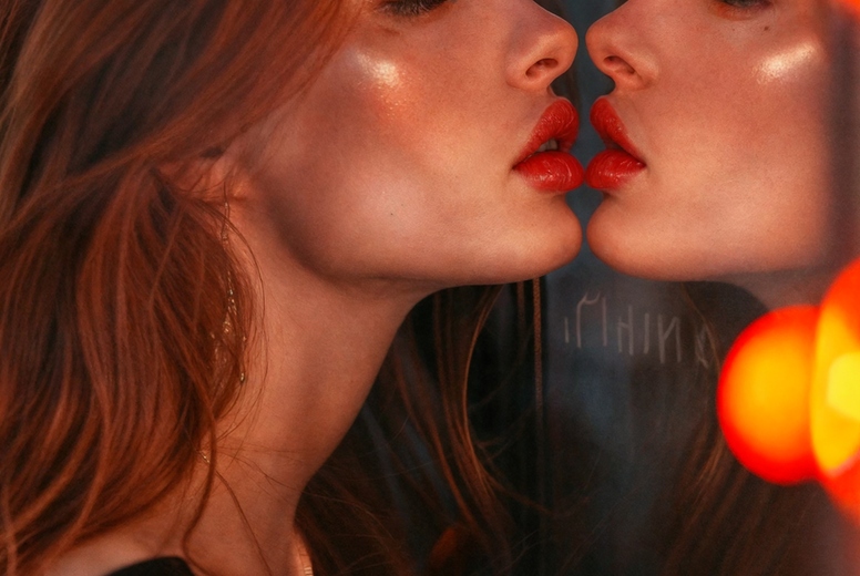A young woman kisses her own reflection in the mirror