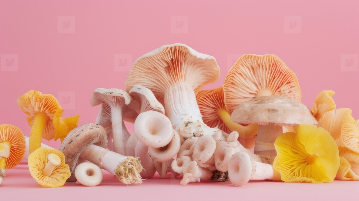 Various mushrooms on a pink background