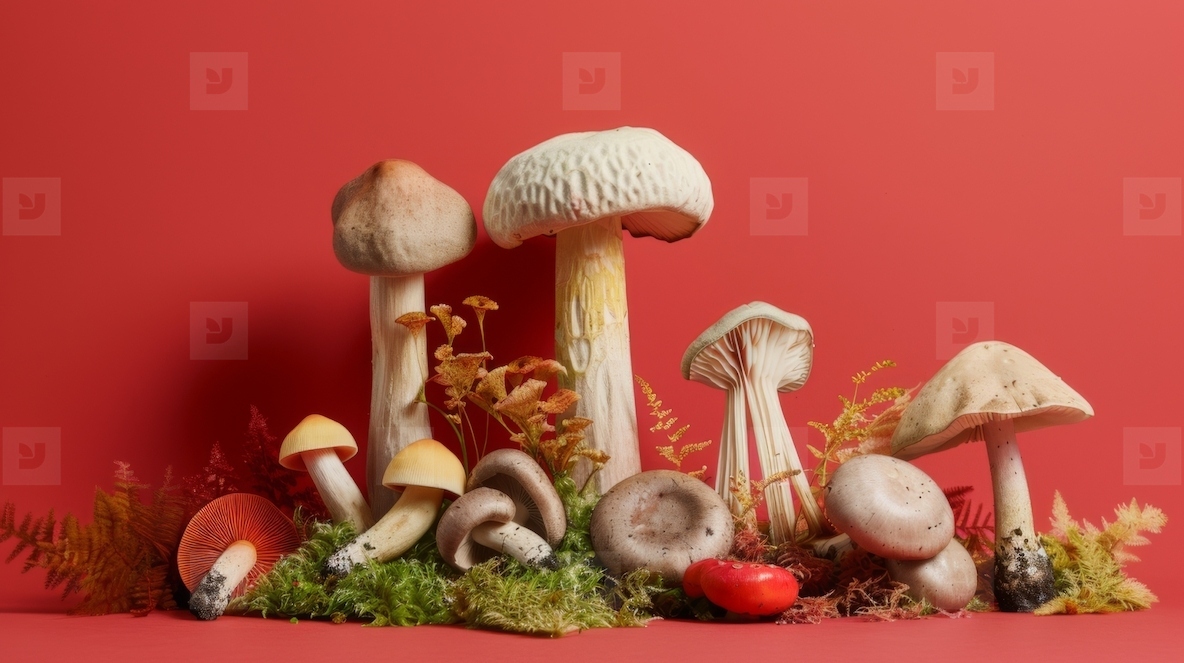 Various mushrooms on a red background