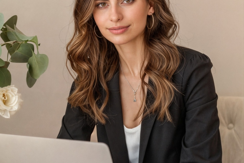 A woman with laptop on beige background