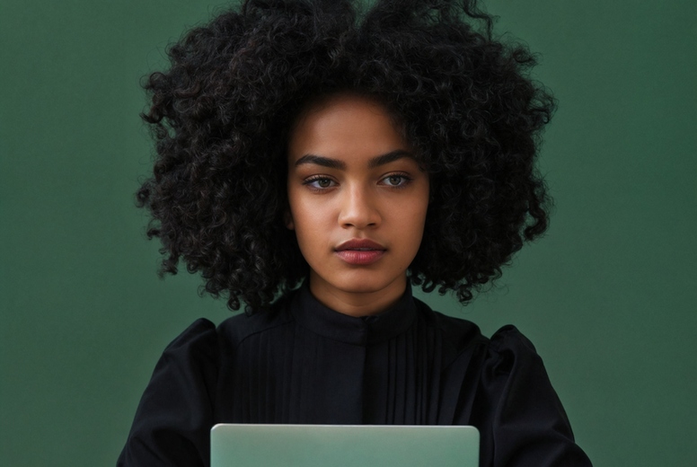 A woman with laptop on green background.