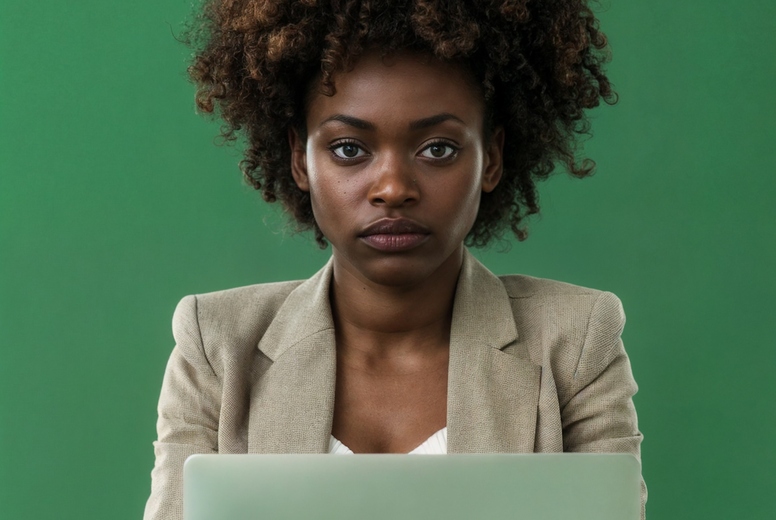 A woman with laptop on green background.