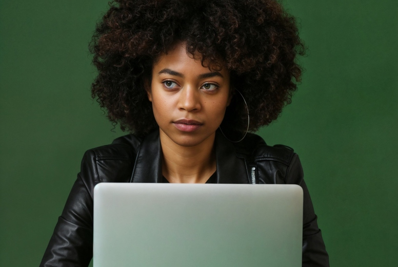 A woman with laptop on green background.