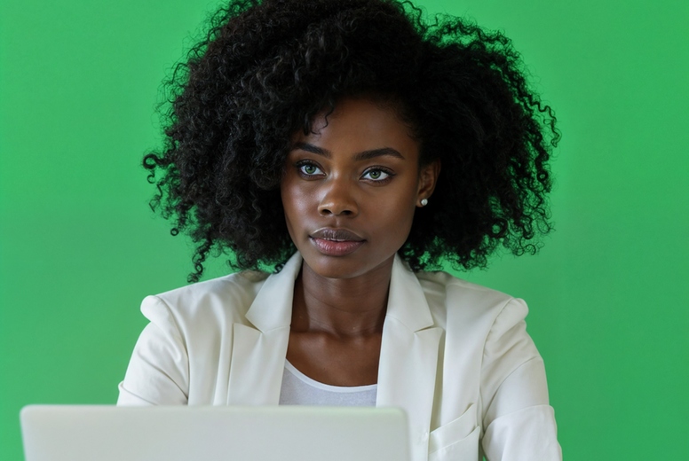 A woman with laptop on green background.