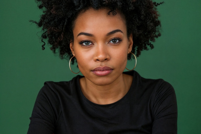 A woman with laptop on green background.