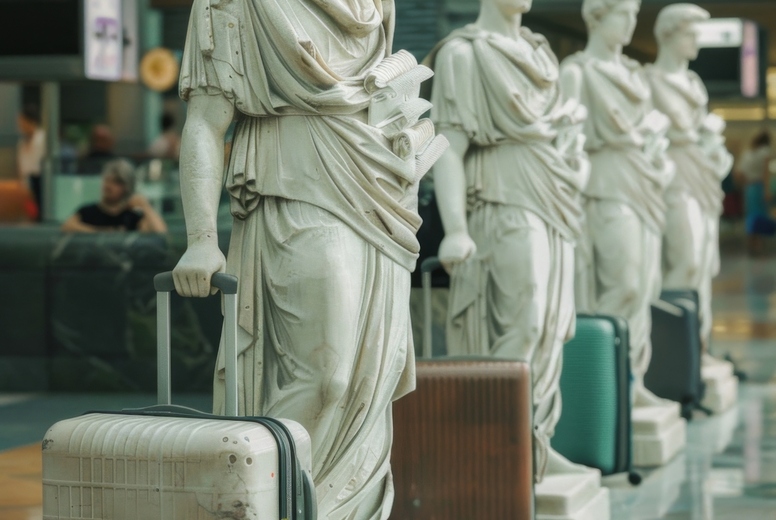 Sculptures of travelers at the airport.