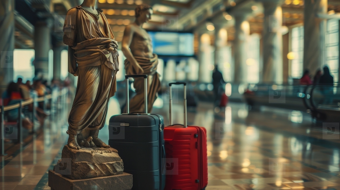 Sculptures of travelers with suitcases at the airport