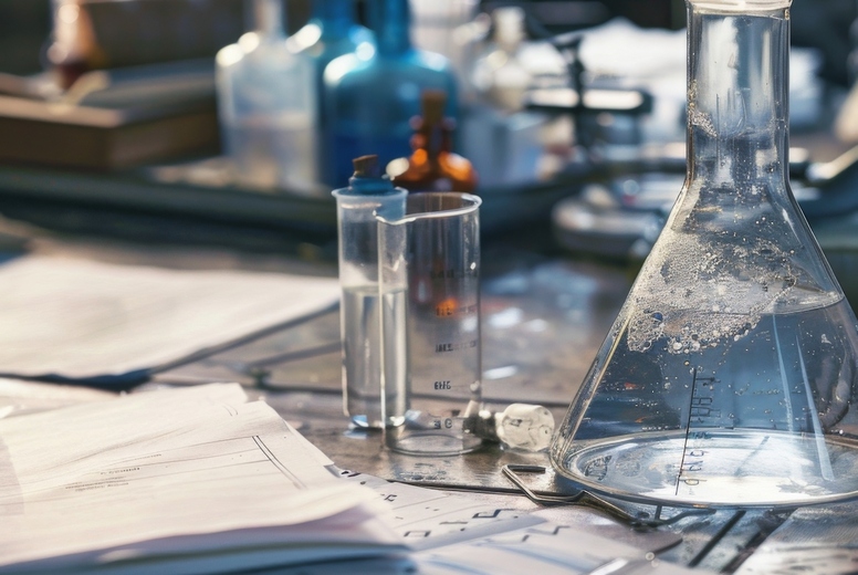 Research medical laboratory with equipment, beakers, microscopes