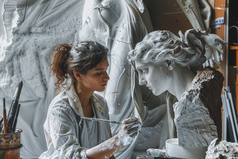 A female sculptor in her studio surrounded by sculptures