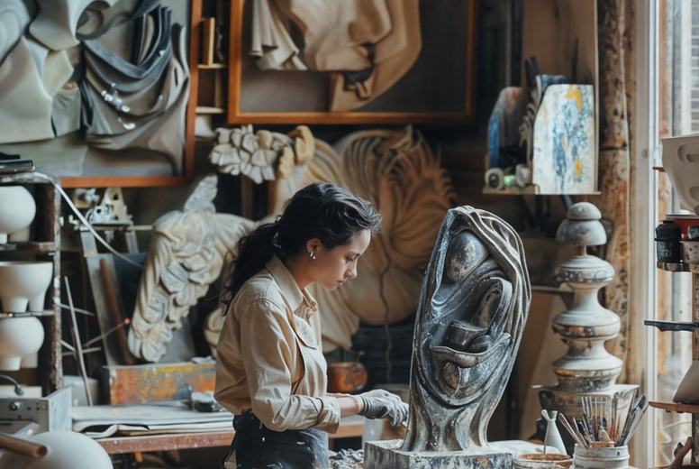 A female sculptor in her studio surrounded by sculptures