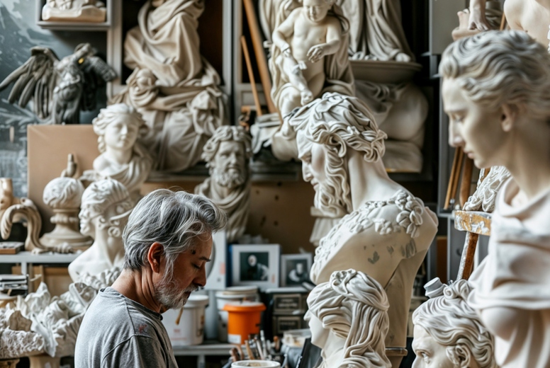 A male sculptor in his studio surrounded by sculptures