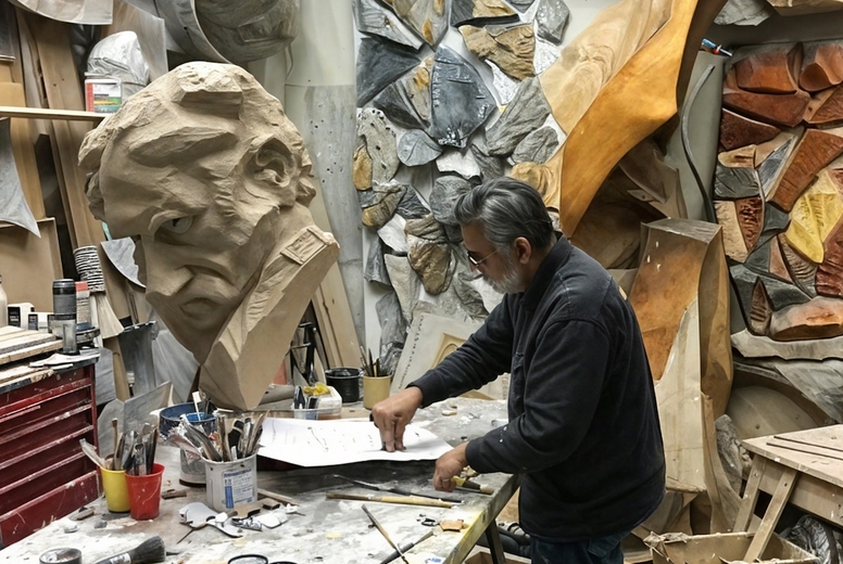 A male sculptor in his studio surrounded by sculptures