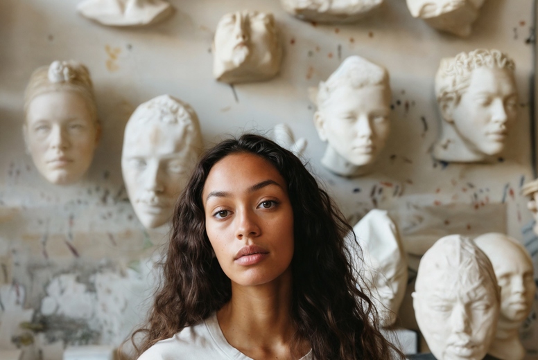 A female sculptor in her studio surrounded by sculptures