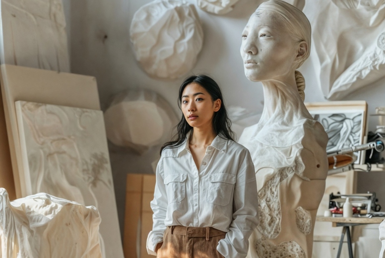 A female sculptor in her studio surrounded by sculptures