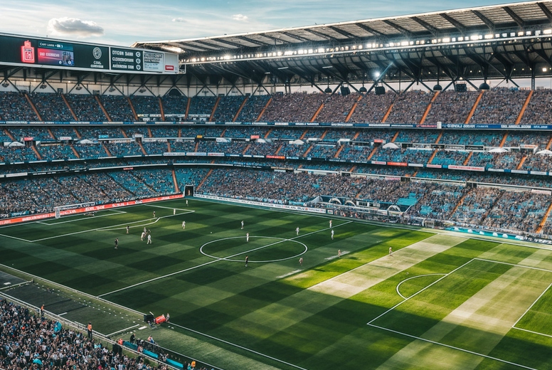 The football stadium is filled with fans.