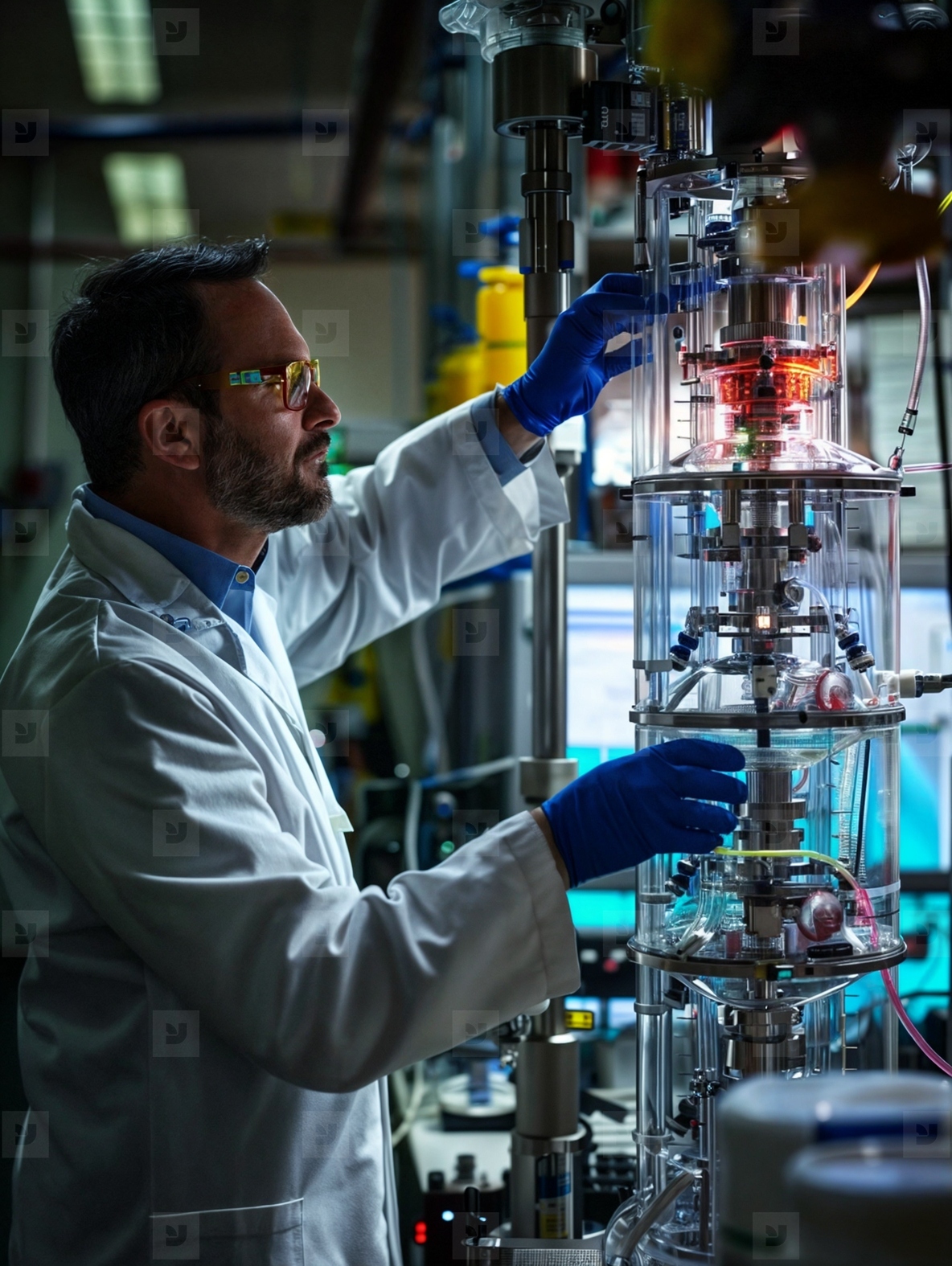 Man scientist in laboratory holding test tubes and beakers