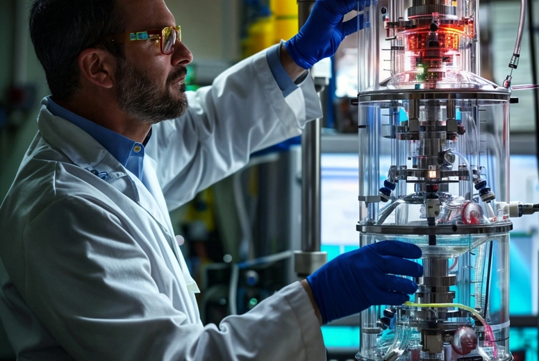 Man scientist in laboratory holding test tubes and beakers.