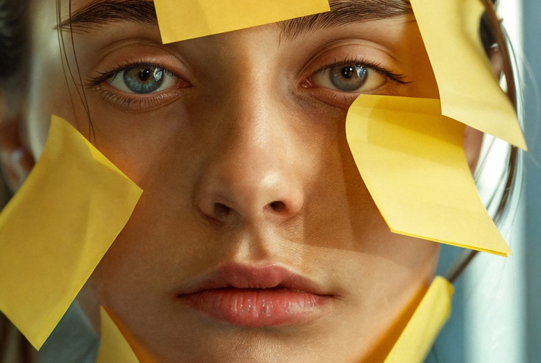 A female face covered with post-its.