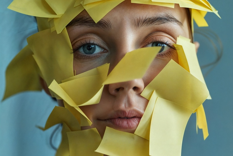 A female face covered with post-its.
